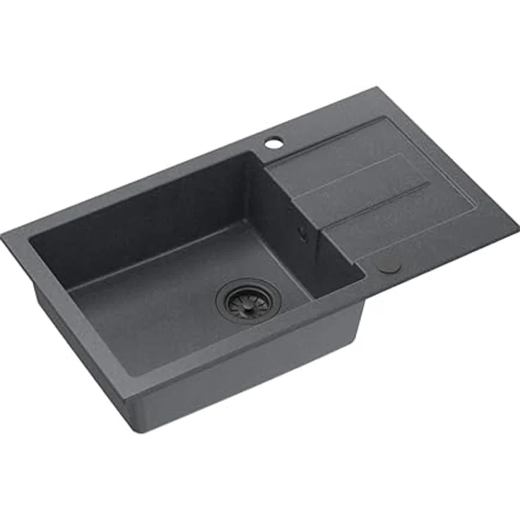 QUADRON Spülbecken Spüle Schwarz Granit CHRISTIAN 136 XL - 1 Becken Einbauspüle mit manuellem Siphon und Abtropffläche – Bild 1