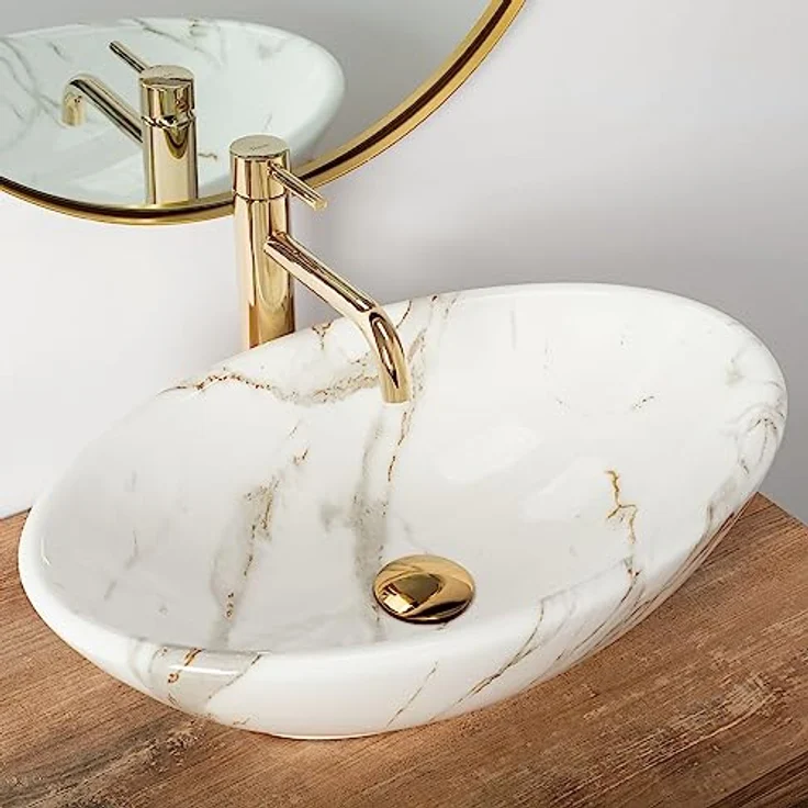 Rea Aufsatzwaschbecken Pamela Shiny Aiax Waschtisch Handwaschbecken Waschschale Waschbecken für Badezimmer aus hochwertiger Keramik 530 x 330 x 150 mm (Stein imitiert) – Bild 3