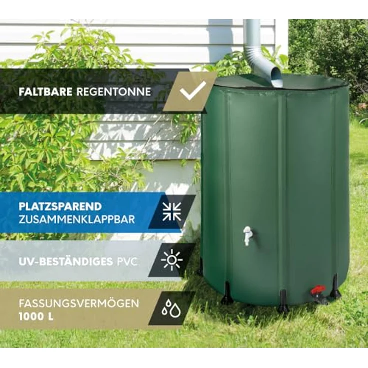 WESTMANN Faltbare Regentonne | 1000 Liter Grün | Regenwassertank & Regenfass inklusive 2 Abläufen – Bild 2