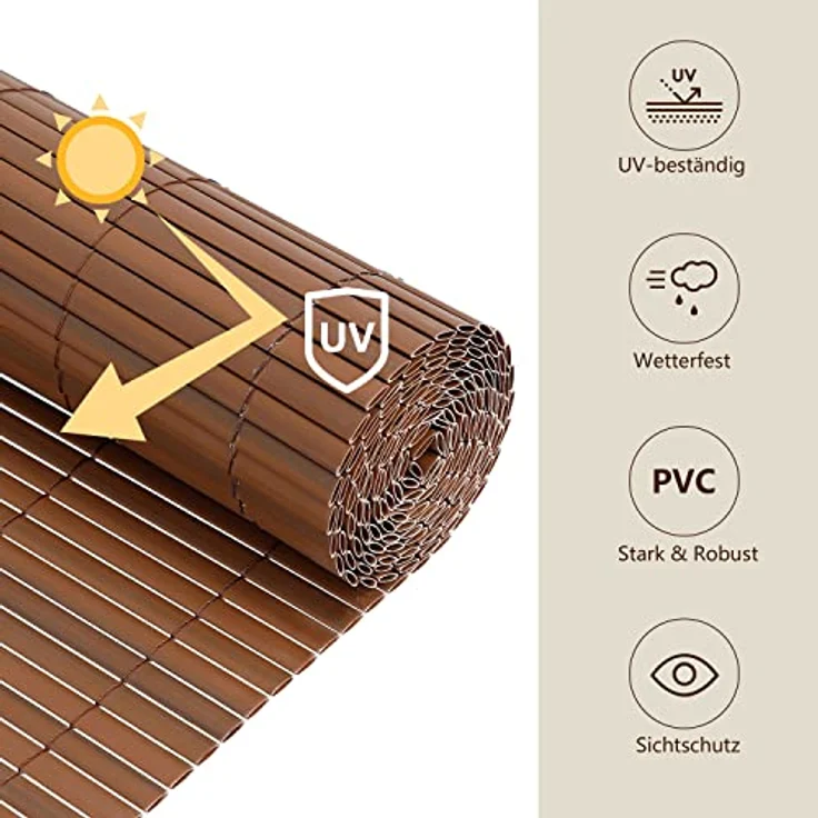 Ribelli® PVC Sichtschutzmatte, Sichtschutzzaun für Garten und Balkon, braun, 120 x 700 cm, wetterbeständig und leicht montierbar – Bild 5
