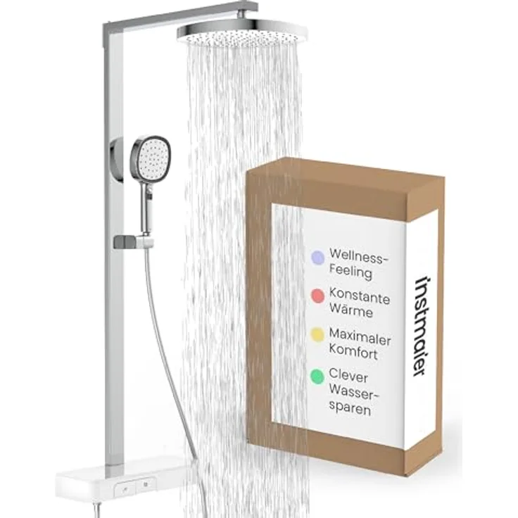instmaier Duschsystem Cleo, Design-Thermostat mit 3 Strahlarten, 38-Grad-Sicherheitssperre und 28 cm Kopfbrause