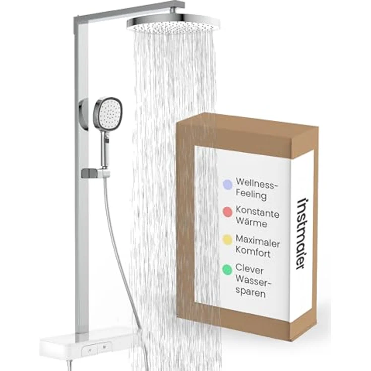 instmaier Duschsystem Cleo, Design-Thermostat mit 3 Strahlarten, 38-Grad-Sicherheitssperre und 28 cm Kopfbrause – Bild 1