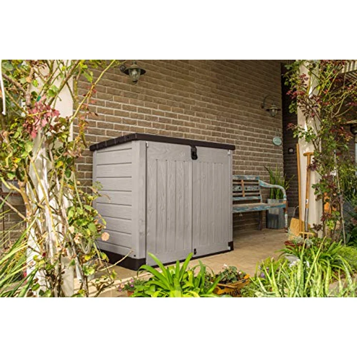 Keter Store it Out Pro Mülltonnenbox mit Gasdruckfeder, wetterfest, abschließbar, beige, 1.200 L, 145,5 x 82 x 123cm, passend für 2x240l Abfalltonnen – Bild 2