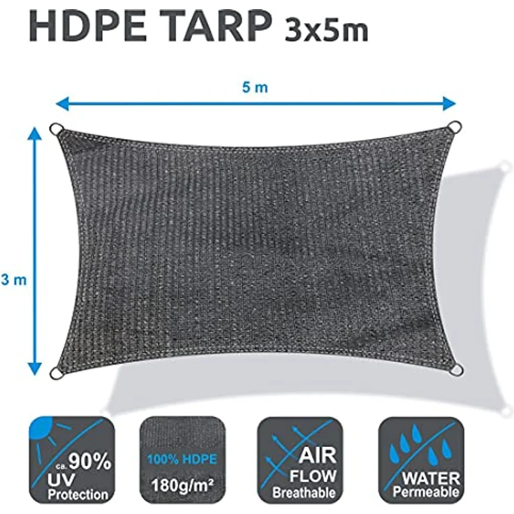yourGEAR Sonnensegel HDPE Tarp in 7 Größen 2,5 x 2,5 | 4 | 5m, 3 x 3 | 4 | 5m, 4 x 5m Haus-Markise rechteckiger o. quadratischer UV Sonnenschutz Wind- und wasserdurchlässig grau [3x5m] – Bild 2