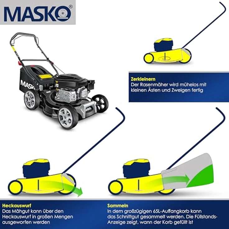 MASKO® Benzin Rasenmäher 5in1 mit Radantrieb, EasyClean Funktion, Mulch- und Seitenauswurf, 55 cm Schnittbreite, 8-fache Schnitthöhenverstellung, 4-Takt Motor, inkl. Fangkorb – Bild 7