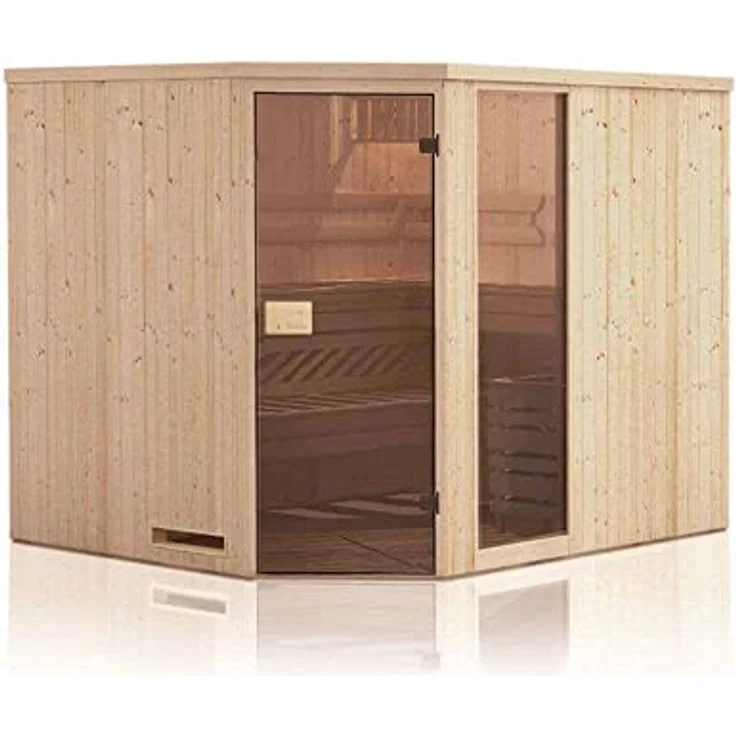 FinnTherm Sauna Innenkabine Spruce für Saunahäuser, BxTxH: 194 x 194 x 199 cm, 68 mm, mit bronziertem Ganzglasfenster und massiven Linden-Saunaliegen – Bild 2