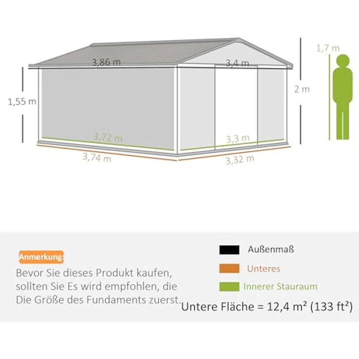 Outsunny Gerätehaus 12,4 m², Gartenhaus mit Pultdach, Schiebetür, Fundament, 340 x 386 x 200 cm, Dunkelgrün – Bild 5