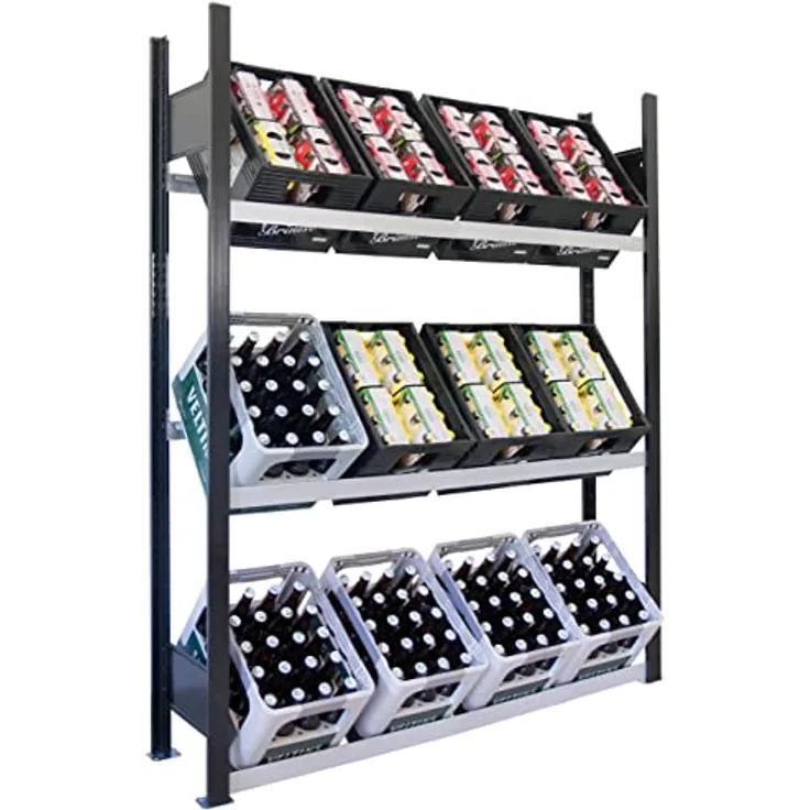 SCHULTE Regalwelt Getränkekistenregal für bis zu 12 Kisten, 180x130x30 cm (HxBxT), Traglast pro Ebene 60 kg, schwarz-silber, Getränkeregal, Bierkistenregal, Flaschenkastenständer, Wasserkistenregal