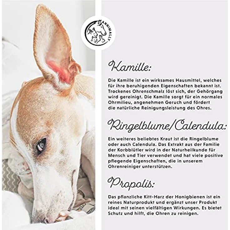 Annimally Ohrenreiniger für Hunde und Katzen 250ml Ohrreiniger mit Kamille, Ringelblume und Propolis I Mittel zum Ohr Reinigen für Hund, Katze, Pferd und Kleintier Ohren I Schonende Ohrenreinigung – Bild 4