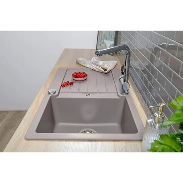 Respekta Austin Massivgranit Spüle, 86 x 50 cm, hitzebeständig, abgeschrägte Abtropffläche, einbau- und unterbaumontage, 1 Becken, für Unterschränke ab 45 cm, grau – Bild 5