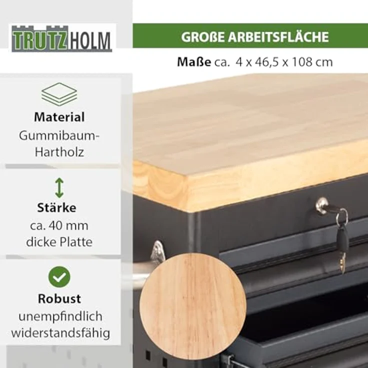 TRUTZHOLM Werkstattwagen Werkstattwagen DELUXE 12 Schubladen unbestückt mit massiver Arbeitspla, Profi Schubladenauszüge bis 40kg Tragkraft – Bild 6