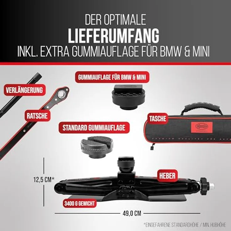 HEYNER® Scherenwagenheber 2 t für BMW 5er G60 (2023–), runder Sattel, austauschbare 360° Gummiauflage, Hub 125–470 mm, 17 mm Ratsche & Drehknauf, Standfuß 30×8 cm, bis −50 °C – Bild 4