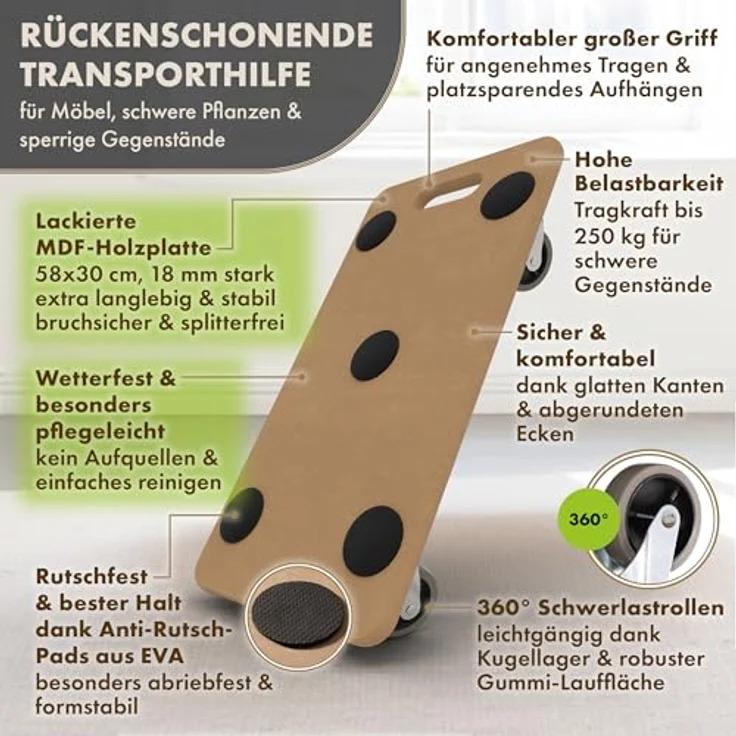 TTL HOME Möbelroller SCOOTER DELUXE 3er Set, lackiertes Rollbrett mit 250kg Traglast, 360° drehbare Gummi-Rollen, 5 Anti-Rutsch-Pads, für Indoor & Outdoor – Bild 3