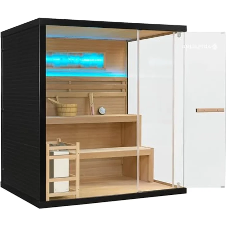 Artsauna Sauna Vantaa 175, BxTxH: 175 x 140 x 190 cm, 5 mm, 2 große Salzsteine, Ambientebeleuchtung, Schwarz/Natur, 8 kW Ofen und Saunasteine, 4 Personen Saunakabine – Bild 7