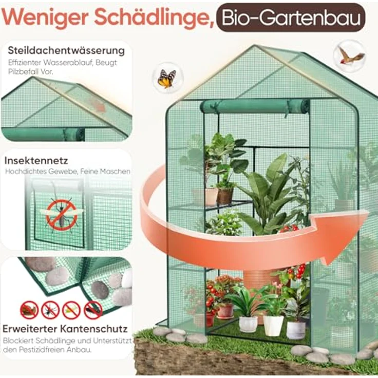Sekey Gewächshaus 200x145x75 cm, stabil mit 4 Regalböden, wasser- und winddichte PE-Folie, grün, XL – Bild 6