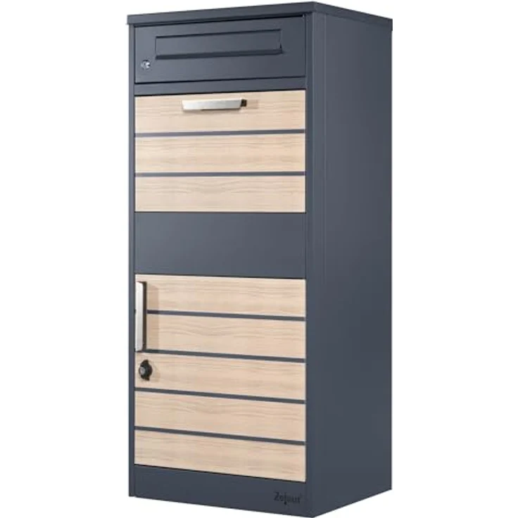 Zelsius Briefkasten mit Paketfach Terra | pulverbeschichteter Stahl mit Elementen in Holzoptik | RAL7016 Anthrazit | integrierte Rückholsperre | Bodenmontage | Paketbriefkasten, Paketbox, Parcel Box – Bild 1