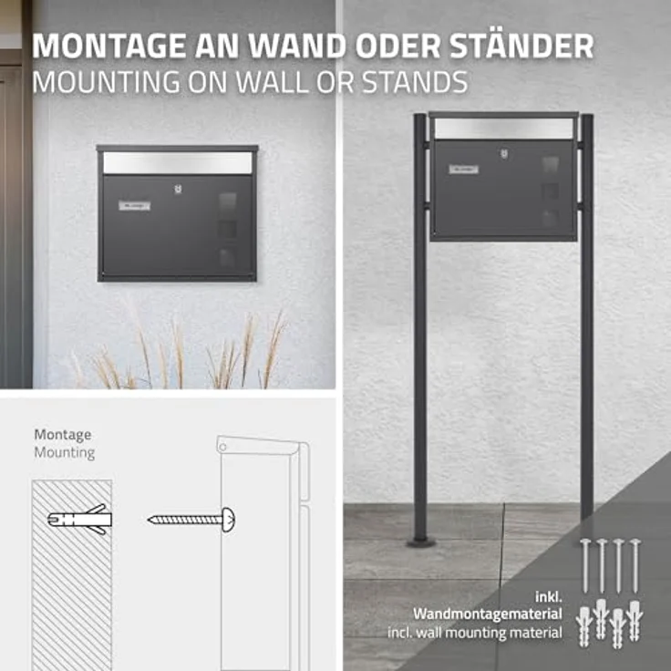ML-DESIGN Standbriefkasten mit Zeitungsfach, anthrazit, inkl. Standfuß, 120 cm, wetterfest und abschließbar – Bild 5