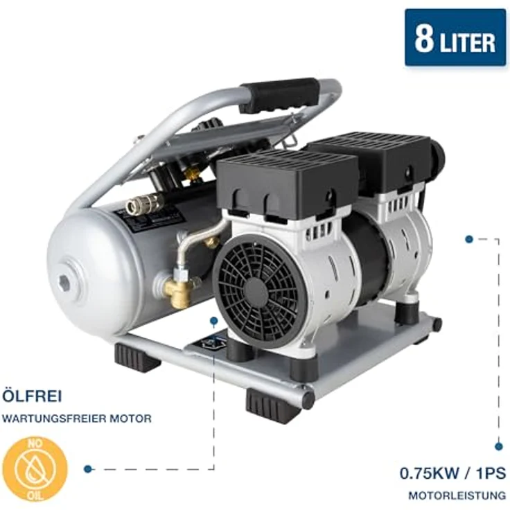 HYUNDAI Silent Kompressor SAC75008IC, tragbar, ölfrei, 8L, 9 bar, 49 dB, 750 W / 1 PS – Bild 3