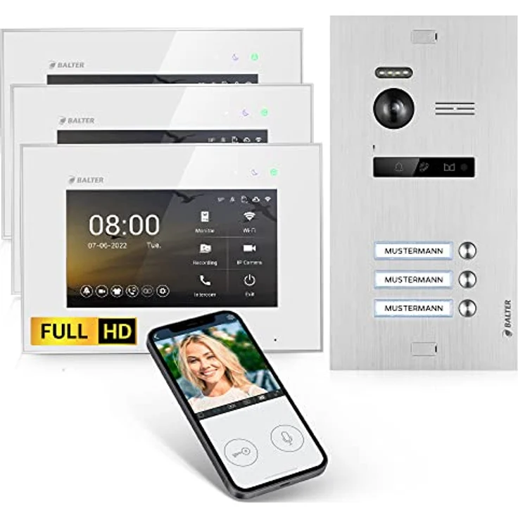 Balter EVO-HD Video Türsprechanlage, 3-Familienhaus Set mit 3x 7 Zoll HD Monitor, Full HD-Kamera und 175° Weitwinkel, Smartphone App, 2-Draht Bus-Technik – Bild 1
