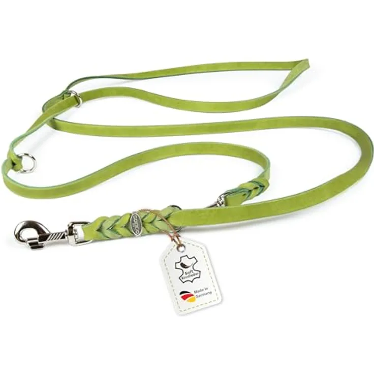CopcoPet Hundeleine aus Fettleder, 2m x 8mm, Grün – 3-fach verstellbar, geflochten, mit Chrombeschlägen, robust und grifffest – Umhängeleine für kleine Hunde, ideal für Spaziergänge und Training