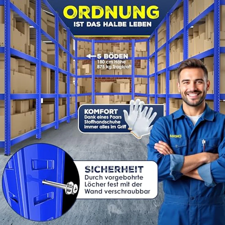 MASKO Eckregal Lagerregal Schwerlastregal, Kellerregal, 180x75x40cm , bis 875 kg, 5 verstellbare Ablagen, MDF-Platten Regal aus Metall, Steckregal, Werkstattregal, Keller, Garage Blau – Bild 7