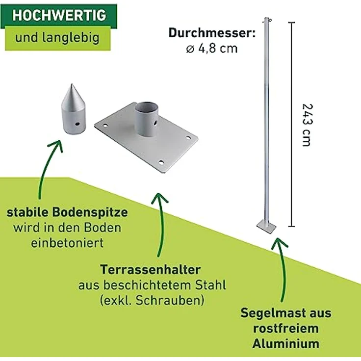 Windhager Sonnensegelmast Set Basic, Sonnensegelpfosten, Stahlmast, Aufstellstange für Sonnensegel, rostfrei, Masthöhe max. 240cm, 10705 – Bild 4