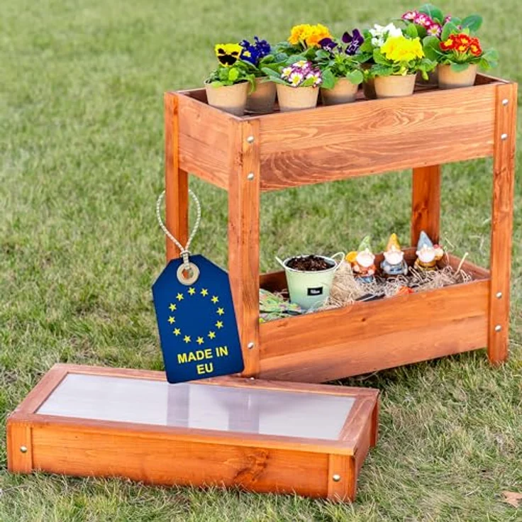 ITA Hochbeet mit Frühbeetaufsatz 80x37x78 cm - Pflanzkasten mit Deckel, 2 Ebenen, aus FSC Holz - Braun – Bild 1