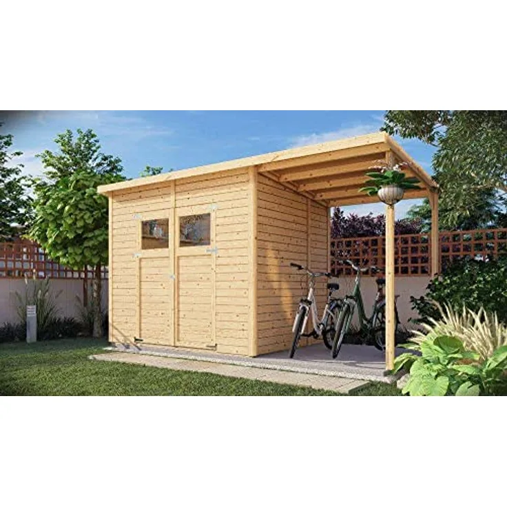 Alpholz Gerätehaus Mollie Plus aus Fichten-Holz | Gartenhaus mit 14 mm Wandstärke | Holzhaus inklusive Montagematerial | Geräteschuppen Größe: 395 x 199 cm | Pultdach mit Anbau, Schleppdach