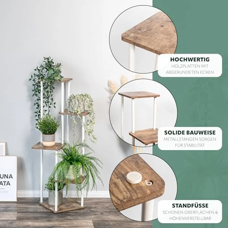 eluno Blumenständer, dekoratives Blumenregal aus FSC-zertifiziertem MDF-Holz und weißem Metall mit 5 Ablagen, max. 5 kg pro Platte, höhenverstellbar – Bild 4