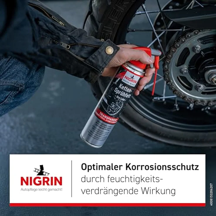 Nigrin Ketten-Sprühfett 'Moto-Bike Dry Lube', transparent, 400 ml, hohe Schleuderfestigkeit, geeignet für O-, Z- und X-Ring-Ketten – Bild 4