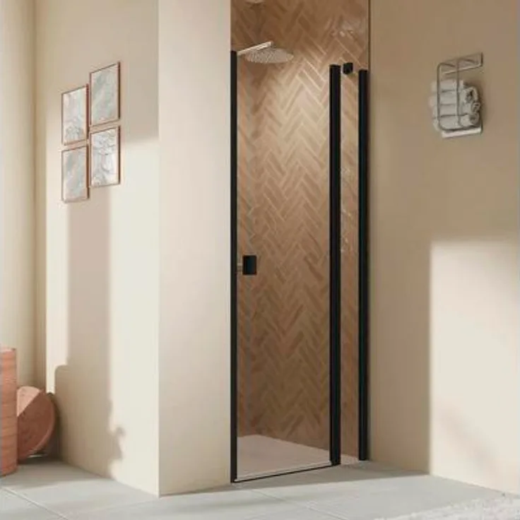 Breuer Elana 2.0 Duschtür in Nische, Drehtür mit Festteil, 90 x 200 cm, Schwarz Matt mit Grau getöntem Glas, Türanschlag rechts
