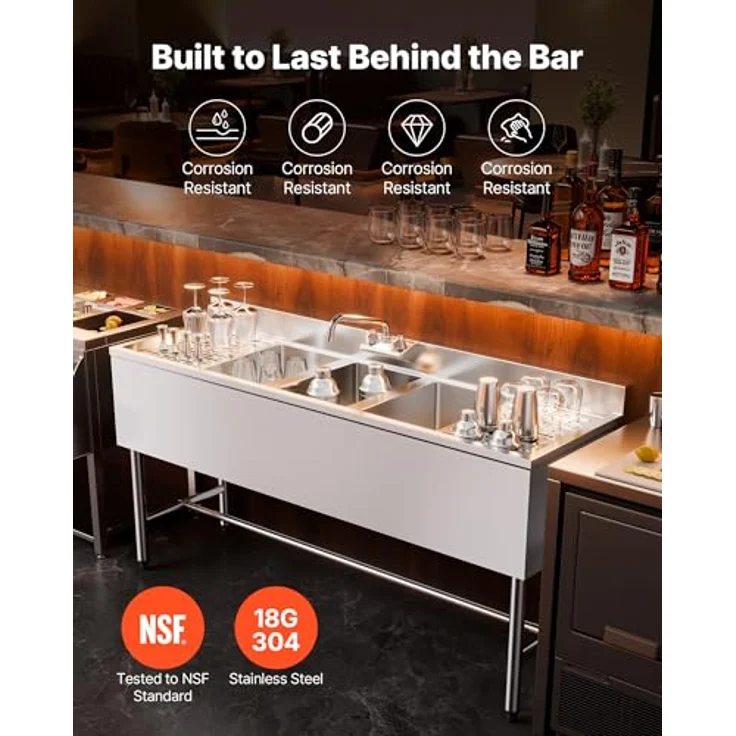VEVOR Edelstahl Spülbecken mit 3 Becken & 2 Abtropfflächen, Spritzschutz, Wasserhahn, 1524 x 470 x 838 mm, für Restaurants und Privaten Gebrauch – Bild 2