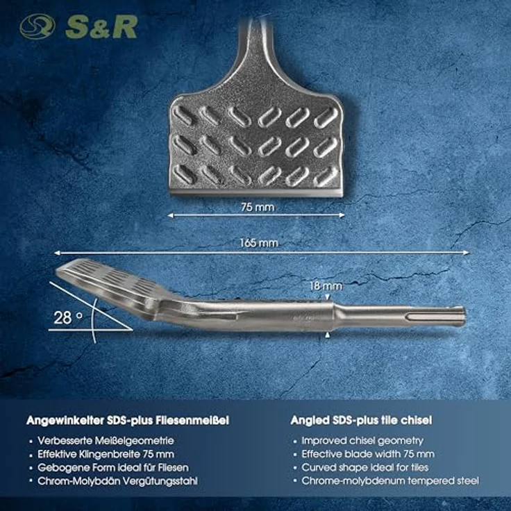 S&R Fliesenmeißel SDS plus 165 mm x 75 mm abgewinkelt, gehärtet, Industrie-Qualität, optimierte Geometrie für Fliesen und Fliesenkleber, Made in Germany – Bild 2