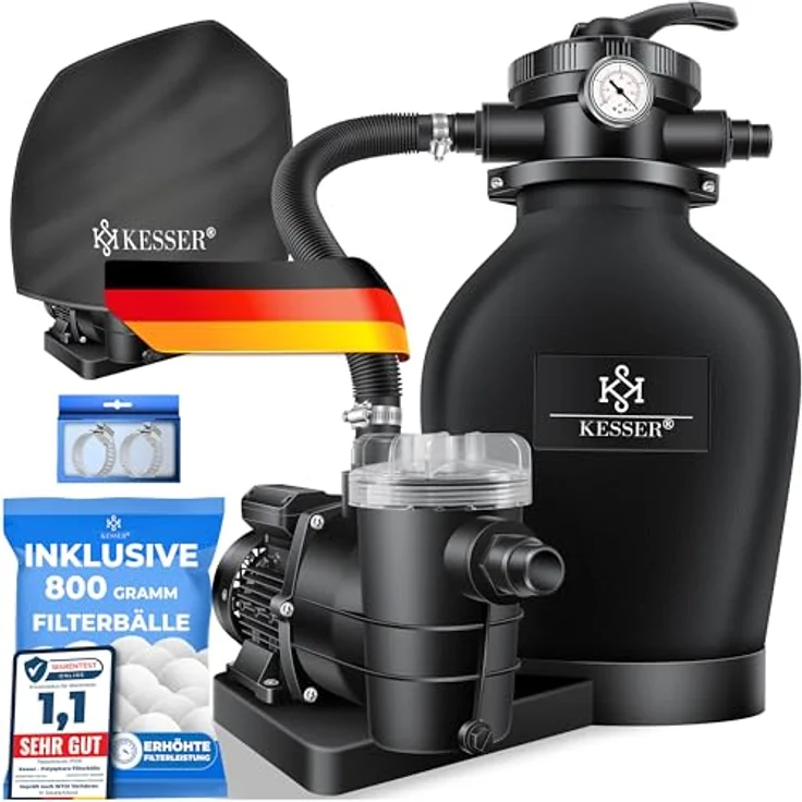 KESSER Sandfilteranlage Sandfilter + 700g Filterbälle ersetzen 25kg Filtersand 7-Wege Ventil mit Druckanzeige Poolfilter 10 m³-h Filteranlage Filterkessel für Pool Schwimmbecken 10.200 L-h Schwarz – Bild 2