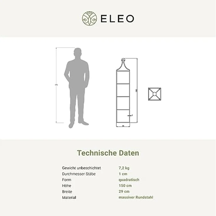 ELEO Obelisk Catania Klein Feuerverzinkt, Rankhilfe aus massivem Metall, 150 cm x 29 cm, silbrig-matt – Bild 6