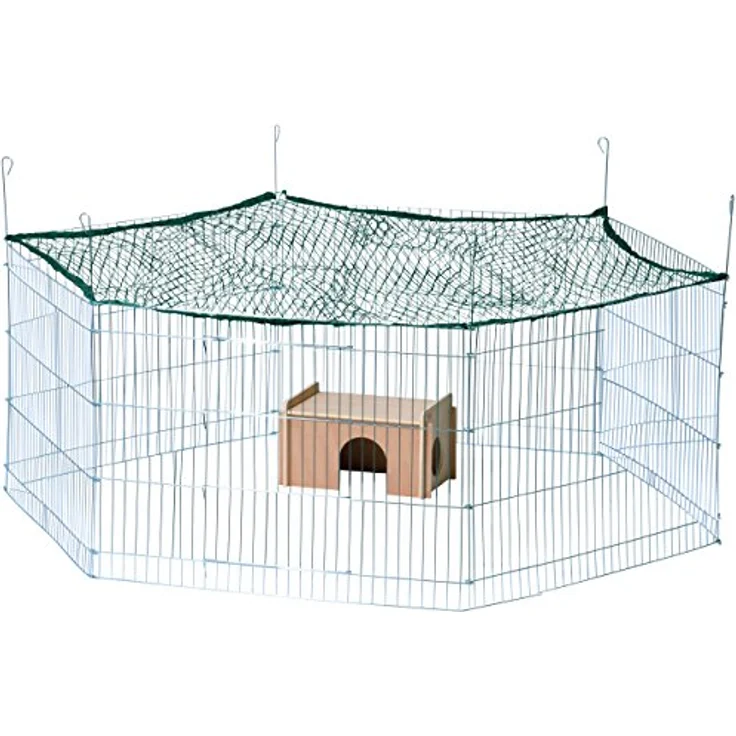 dobar® 80592 6-eckiges Freigehege mit Schutznetz - verzinkter Auslauf für Nagetiere - Wetterfestes Kaninchengehege mit Nagerhaus - 165 x 145 x 60 cm - Silber – Bild 1