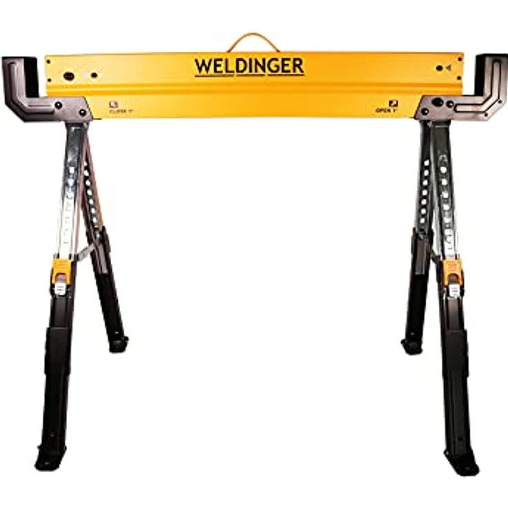 WELDINGER Sägebock 2er-Set 9-fach verstellbar belastbar bis 650 kg, hochwertiger Stahl, faltbare, einzeln einstellbare Beine, schwenkbare Füße, Platz für Stapeln von Material – Bild 2