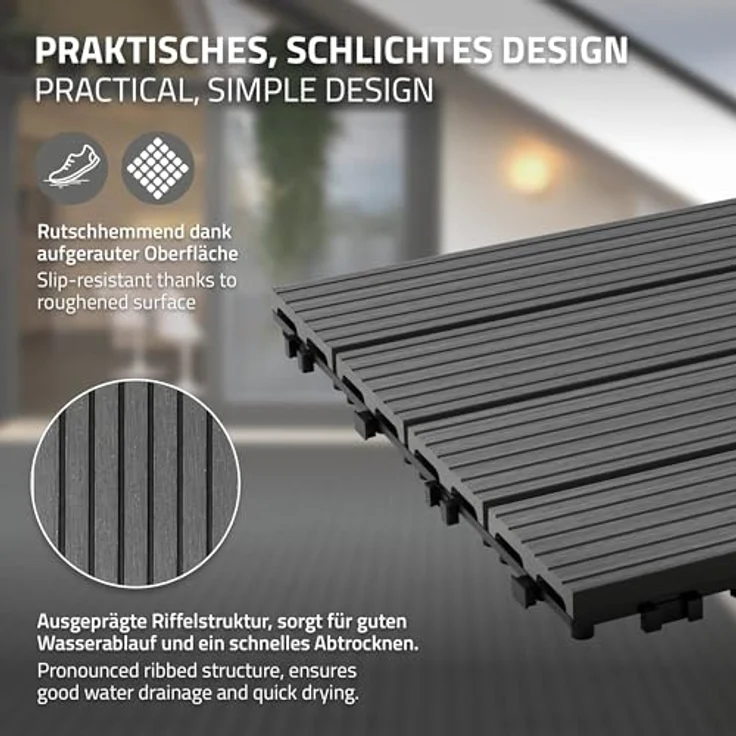 ECD Germany WPC Terrassenfliesen 60x30 cm 12er Spar Set für 2m² Anthrazit in Holzoptik für Garten Balkon Bodenbelag mit Drainage und Klicksystem Terrassendielen Balkonfliesen Klickfliesen Holzfliesen – Bild 5