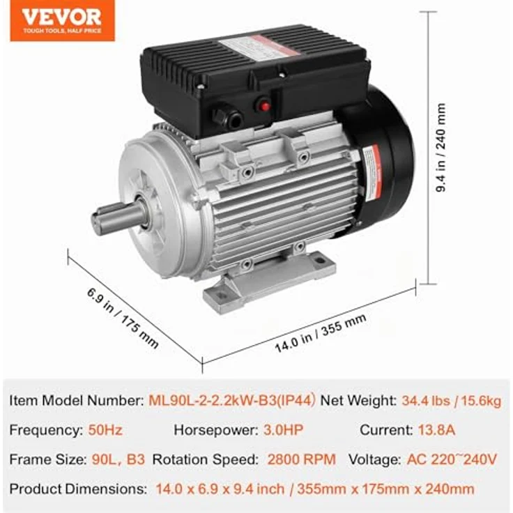 VEVOR 2,2 kW Elektromotor 2800 U/min, einphasig für Luftkompressoren, B3-Rahmen, 24 mm Keilwelle, Rechts-/Linkslauf, AC 220-240 V, 13,8 A – Bild 7