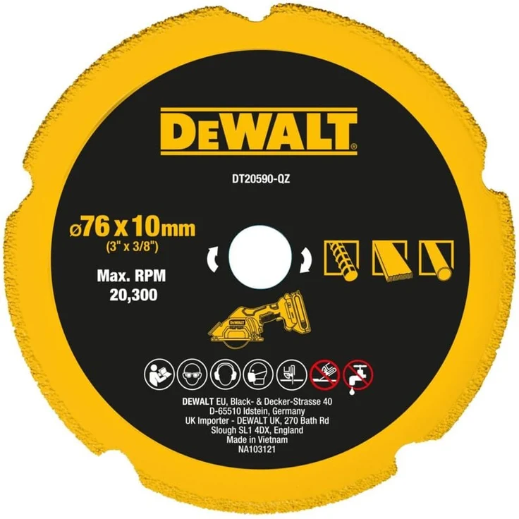 Dewalt Diamanttrennscheibe Multimaterial DT20590, 76mm, geeignet für Trockenbau, Zementfaser, PVC und Metall, Bohrung 9,5mm, Segmenthöhe 1,8mm