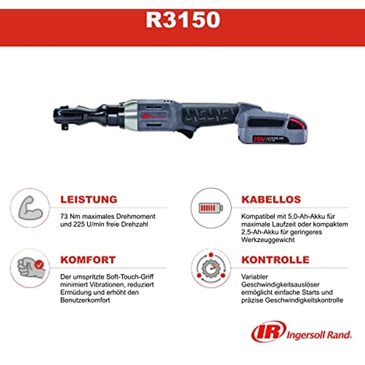 Ingersoll-Rand Kabellose Ratschen R3150, 1/2-Zoll 20V, Nur Werkzeug - 73 Nm Drehmoment, Metall- und Verbundkonstruktion, leicht und robust – Bild 2
