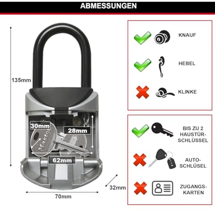 MASTER LOCK Tragbarer Mini-Schlüsseltresor [XS] [mit Bügel] 5406EURD Schlüsselsafe mit Bügel - Ideal für Reisen, Urlaub oder Sport – Bild 6