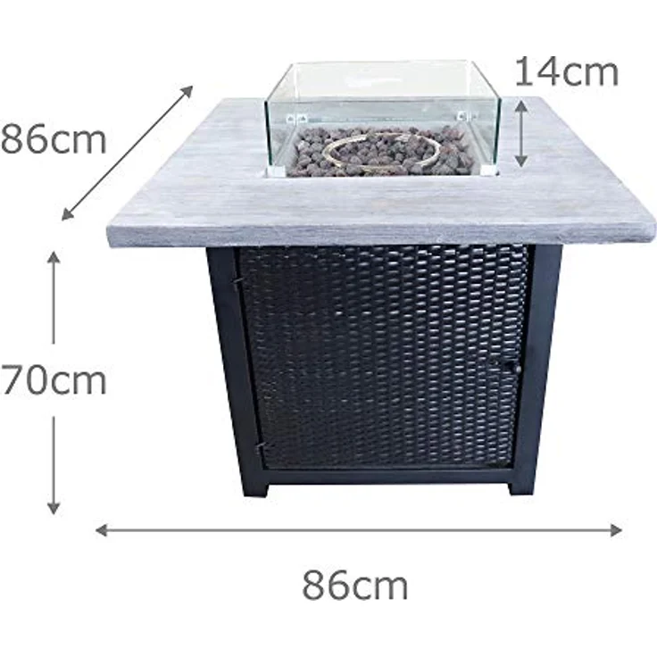 Teamson Home Draussen Garten Rattan Propangas Feuerstelle Tischbrenner, Rauchfreie Feuerstelle, Terrassenmöbelheizung mit Glasscheibe, Lavasteinen und Abdeckung – Bild 3