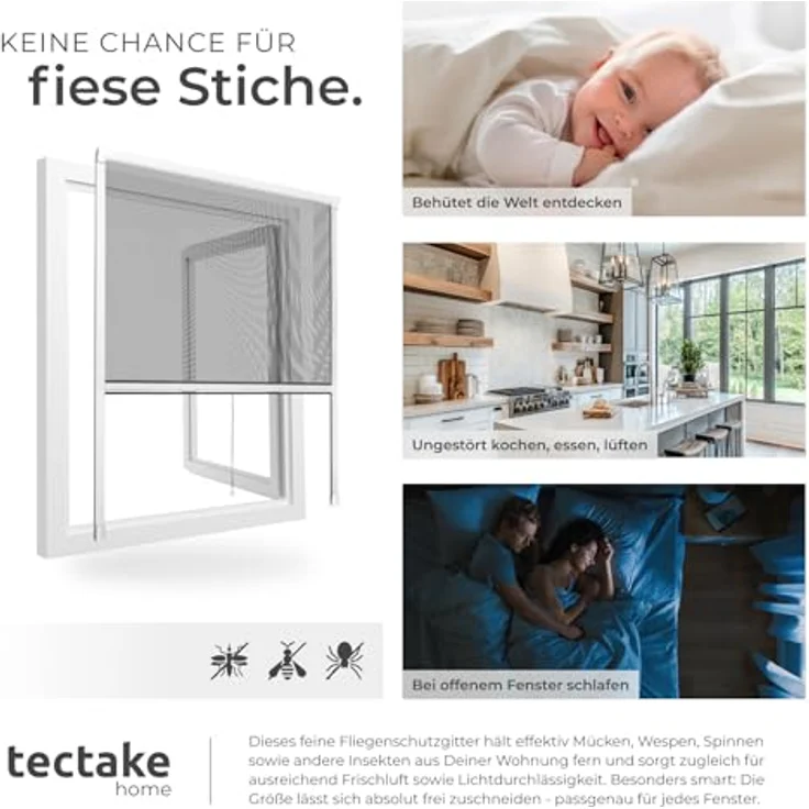 tectake Insektenschutz-Fensterrahmen Insektenschutzrollo, Aluminium, 130x160 cm, weißer Rahmen, schwarzes Moskitonetz – Bild 7