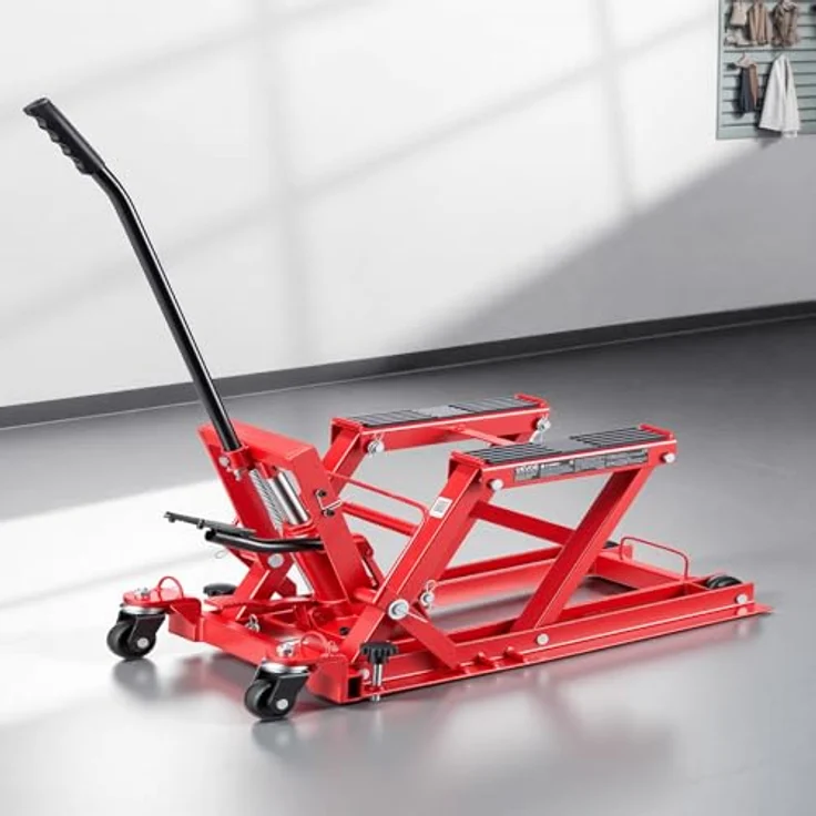 VEVOR Motorradhebebühne, Hydraulisch bis 680 kg, Höhenverstellbar 115–385 mm, mit 4 Rädern und Fußbedienung, Rot – Bild 8