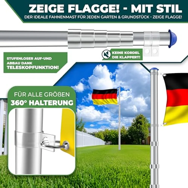 KESSER Aluminium Teleskop Fahnenstange 6,30m Fahnenmast mit Bodenhülse Flaggenmast wetterfeste Deutschlandfahne Mast Silber – Bild 3