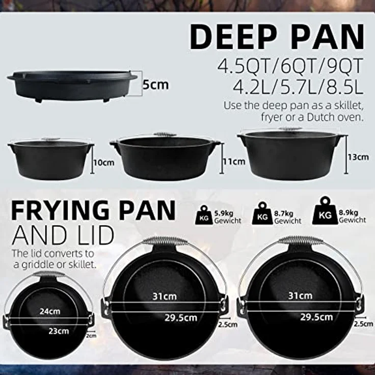 BROILISSIMO Dutch Oven Set Gusseisen, 4-6-9 L, Grilltopf mit Doppelfunktion, ideal für Grill und Camping, stabiler Deckel mit Sicherheitshebern – Bild 5