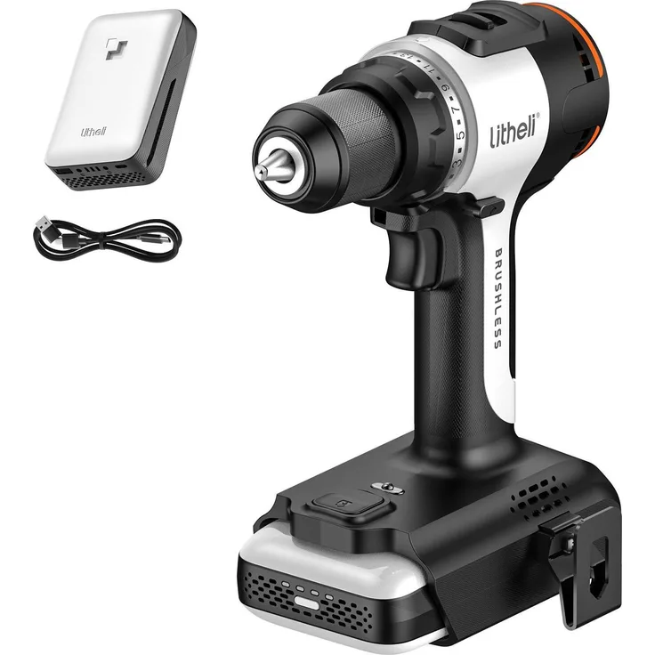 Litheli U20, Akku-Bohrmaschine 20 V mit bürstenlosem Motor, 2000 RPM, 60 Nm Drehmoment, 2-Gang-Getriebe, LED-Arbeitsleuchte, 13 mm Bohrfutter