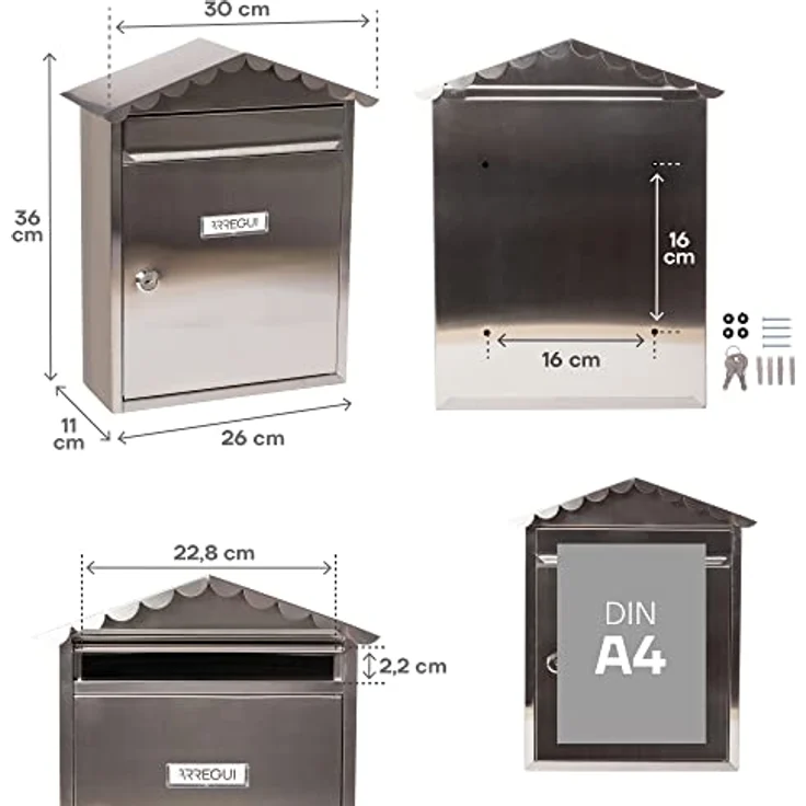 ARREGUI Visit E5747 Briefkasten aus Edelstahl, Größe M (DIN A4 Post), Wandbriefkasten für den Außenbereich, Postkasten für Draußen mit Namensschild, Einwurfklappe und Schutzdach, Edelstahl – Bild 3