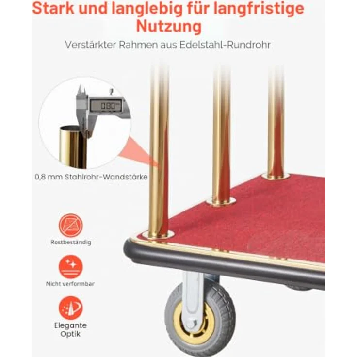 VEVOR Hotelgepäckwagen, Edelstahl-Pagenwagen mit 500 kg Tragkraft, rotem Teppichboden und 15 cm Gummirädern, ideal für Hotels und Resorts – Bild 3